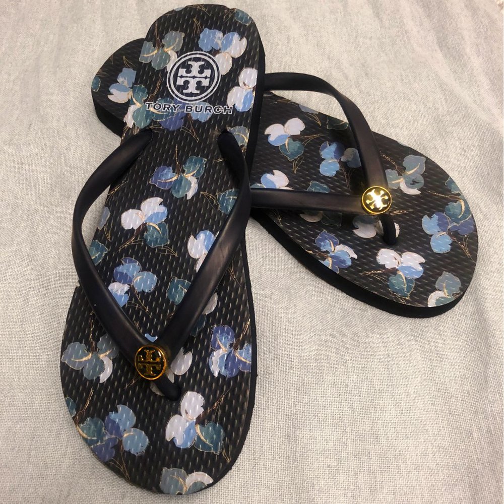 Navy Flower Tory Burch Flip Flops